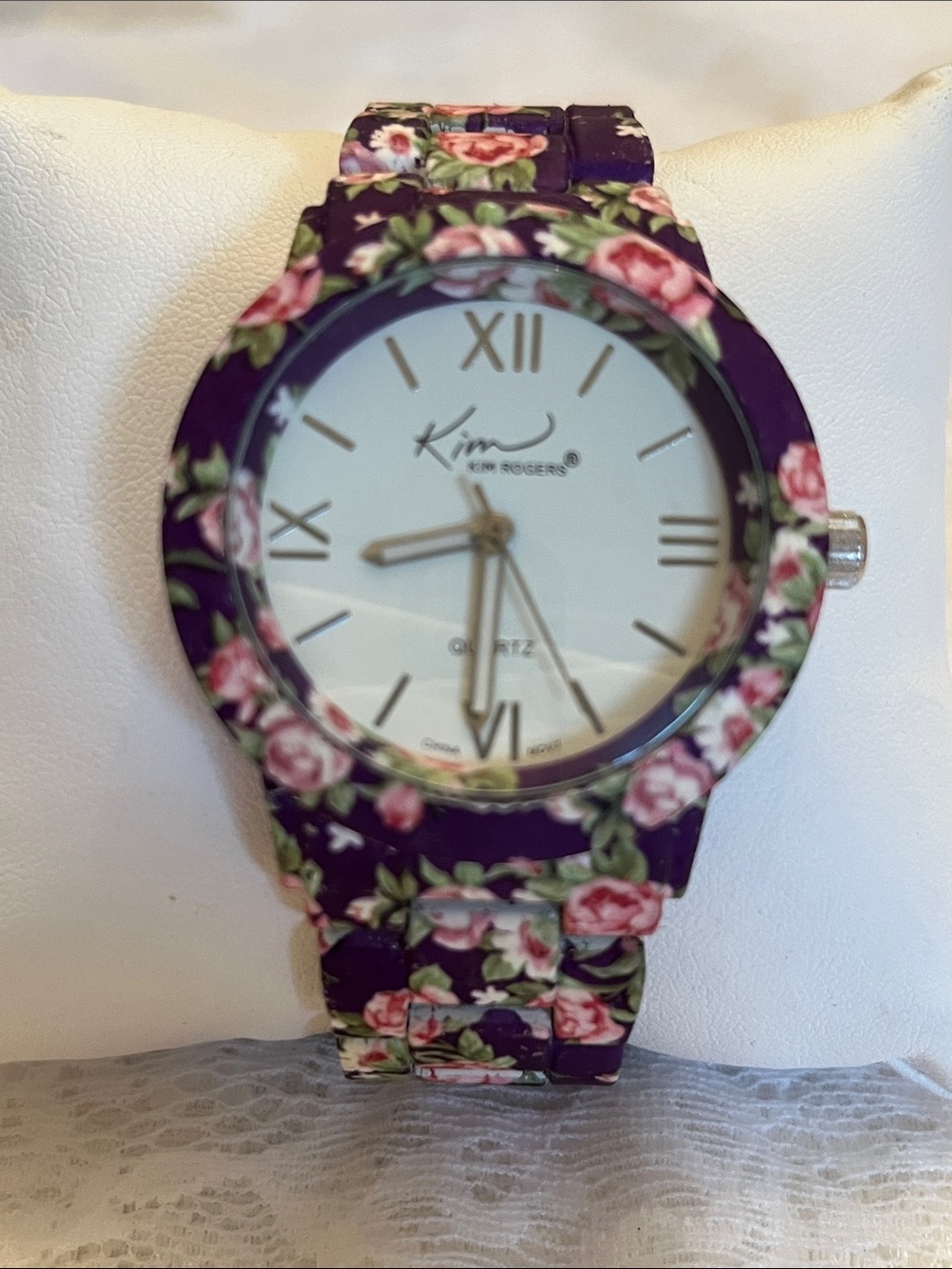 Kim Rogers Purple Floral Band Watch with Pink Rose Accents